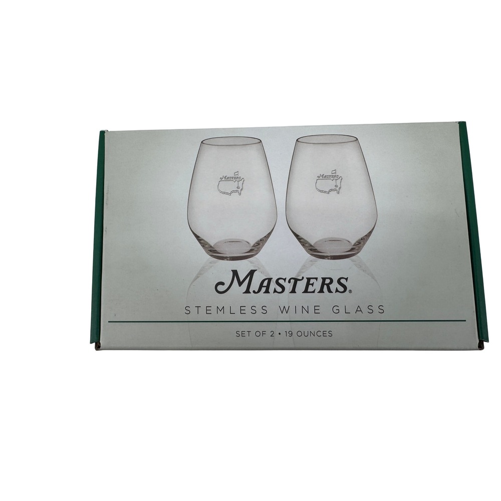 Masters Augusta Golf Stemless Wine Glass Set of 2 Clear Crystal Etched Logo New